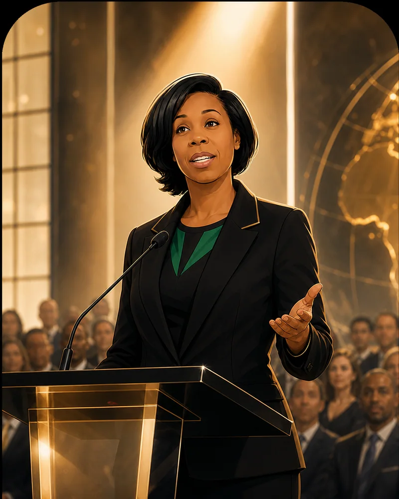 Black woman keynote speaker at a podium before an executive audience